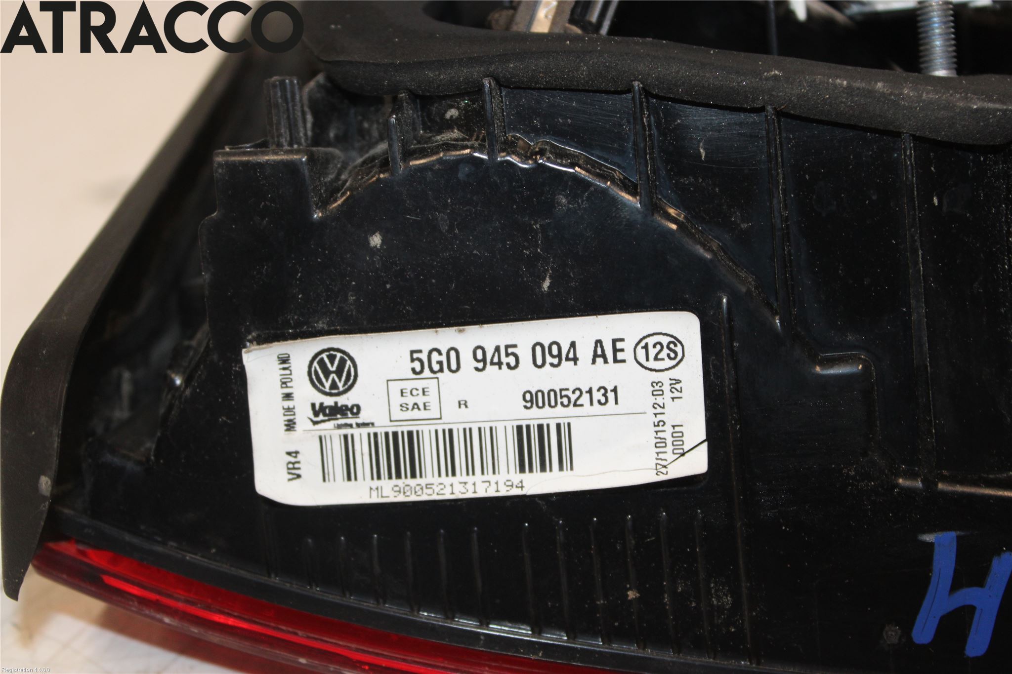 Volkswagen VW GOLF / E-GOLF VII 13-20 Baklykt Høyre  På Luke(Indre)