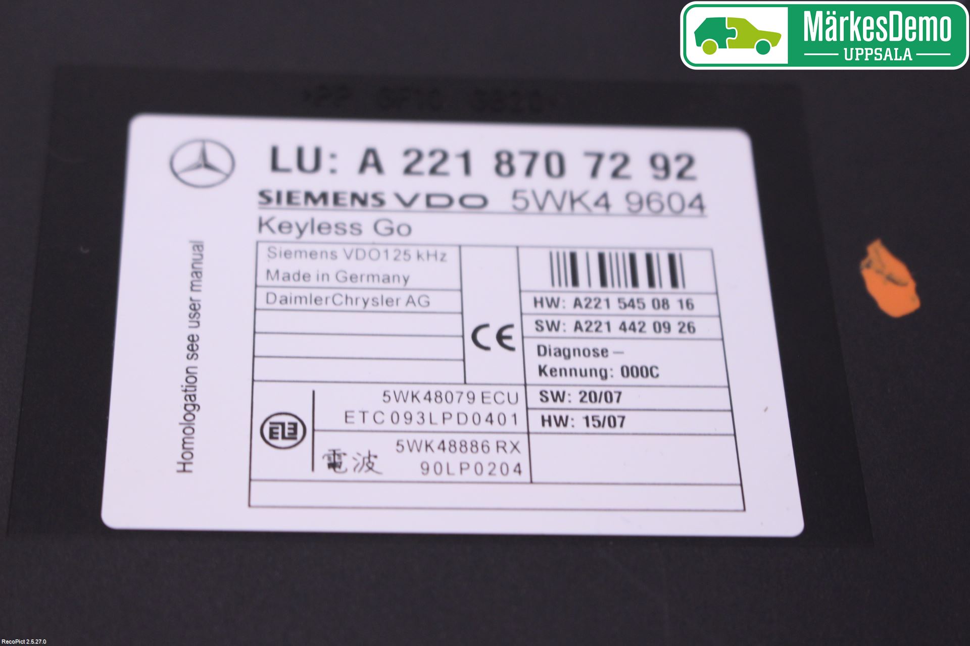 Mercedes-Benz MB S-KLASS (W221) 05-13 Styrenhet Nyckellös System
