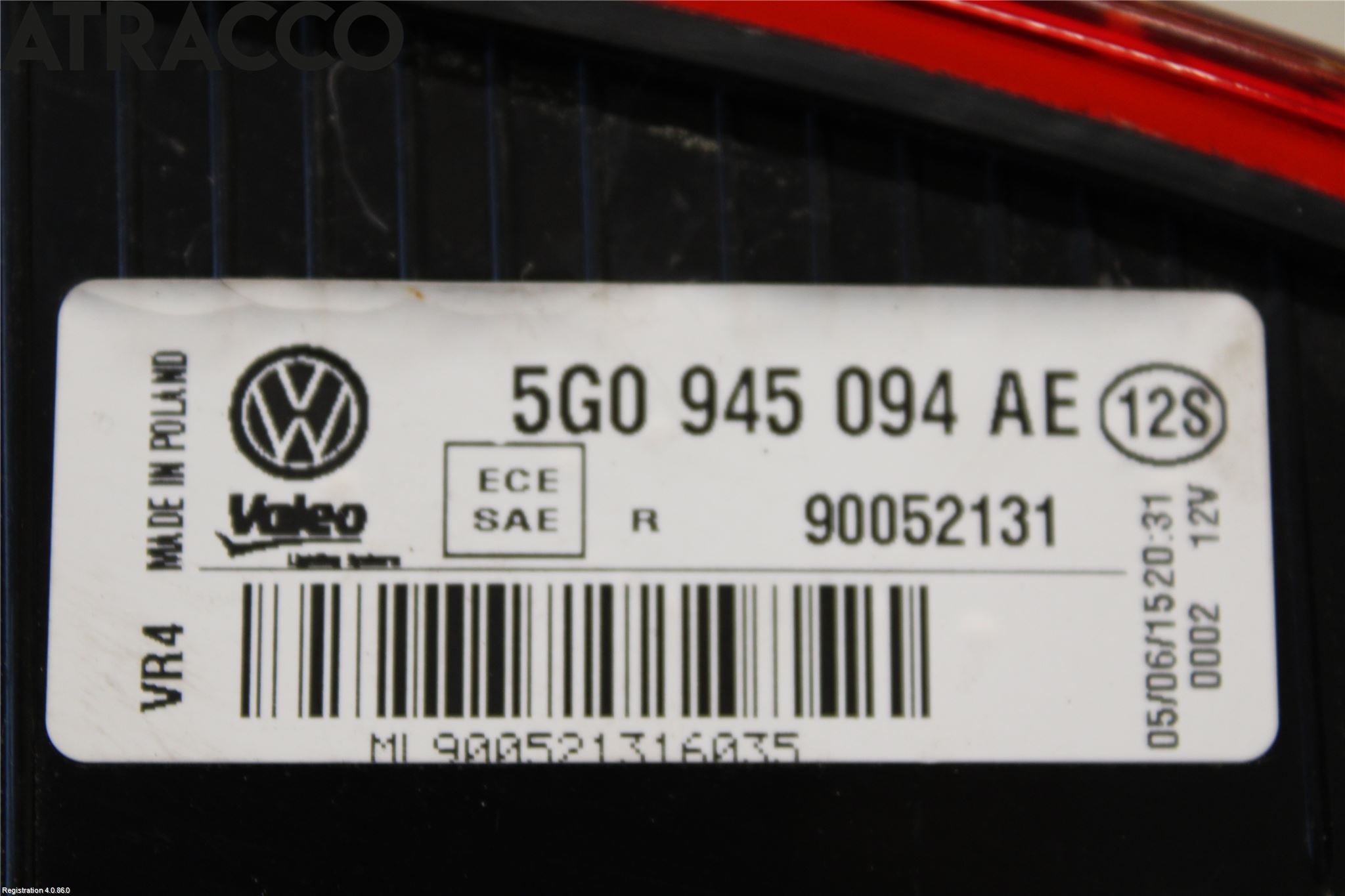 Volkswagen VW GOLF / E-GOLF VII 13-20 Baklykt Høyre  På Luke(Indre)