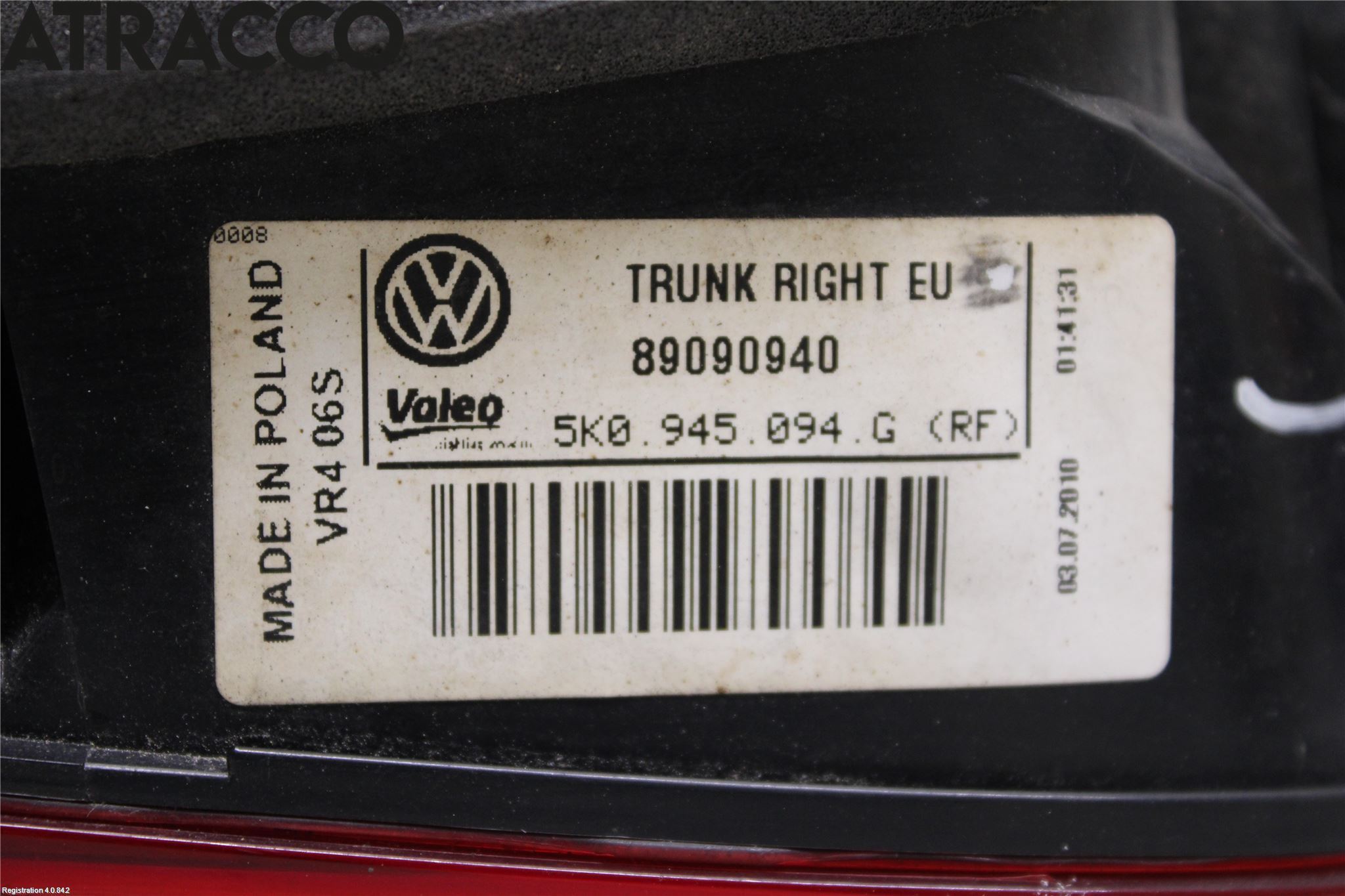 Volkswagen VW GOLF VI 09-13 Baklykt Høyre  På Luke(Indre)