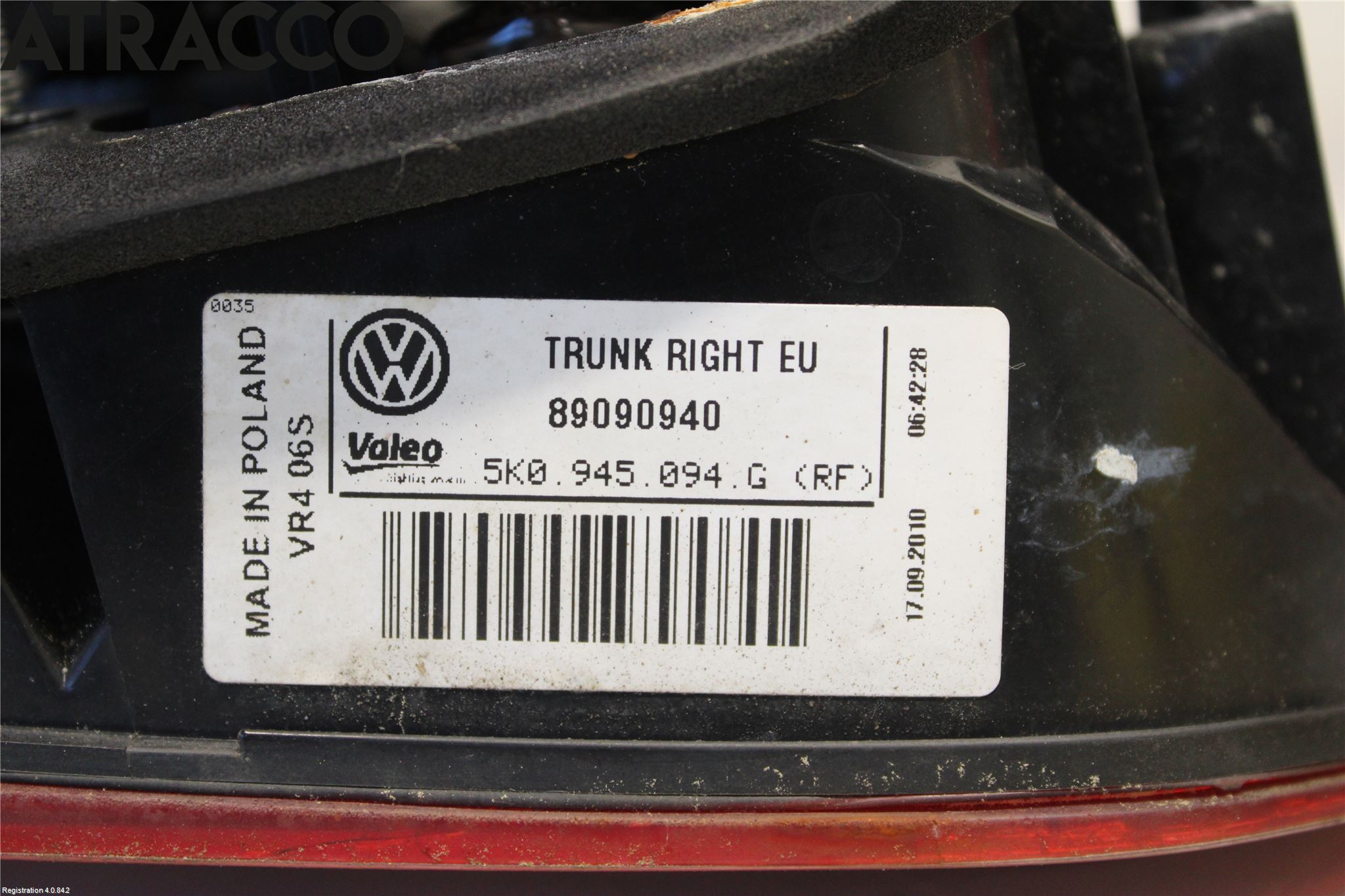 Volkswagen VW GOLF VI 09-13 Baklykt Høyre  På Luke(Indre)