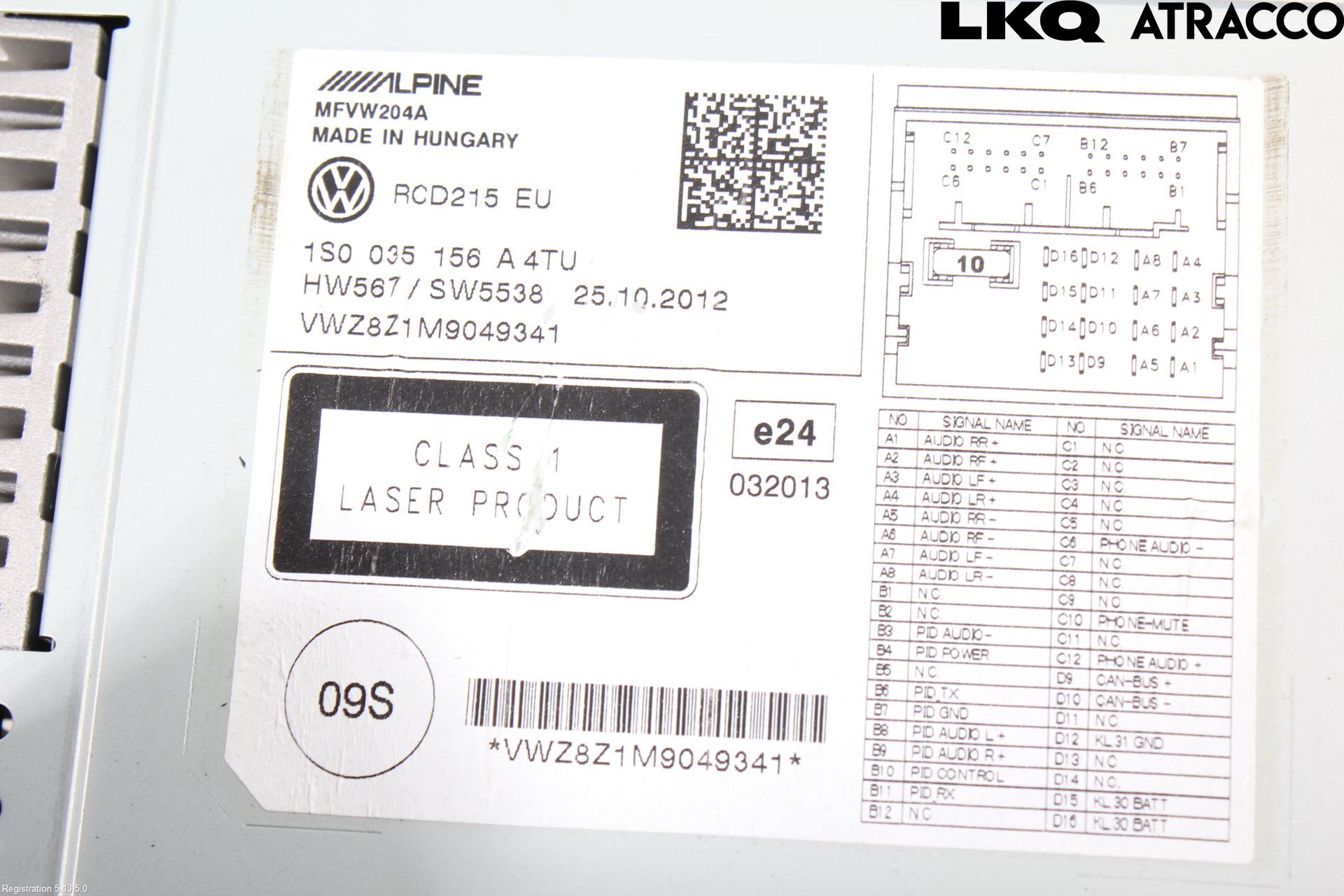 Volkswagen VW UP! / E-UP! Stereo Radio