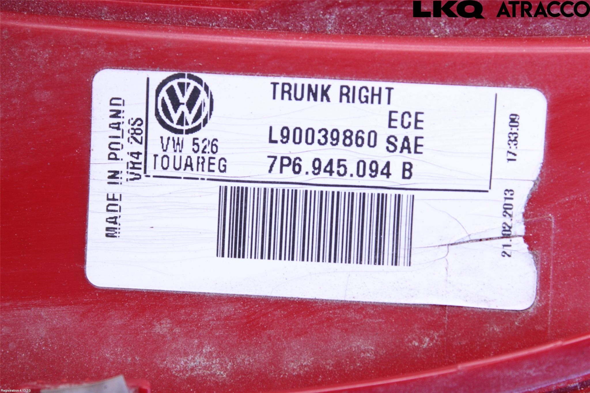 Volkswagen VW TOUAREG 7P 11-18 Baklykt Høyre  På Luke(Indre)