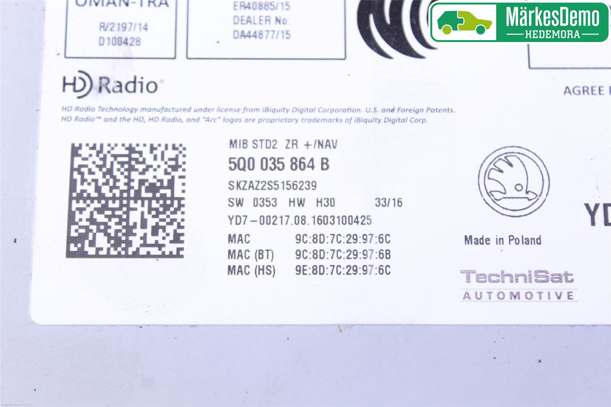 Skoda OCTAVIA (5E) 13-20 Stereo Radio Med Cd