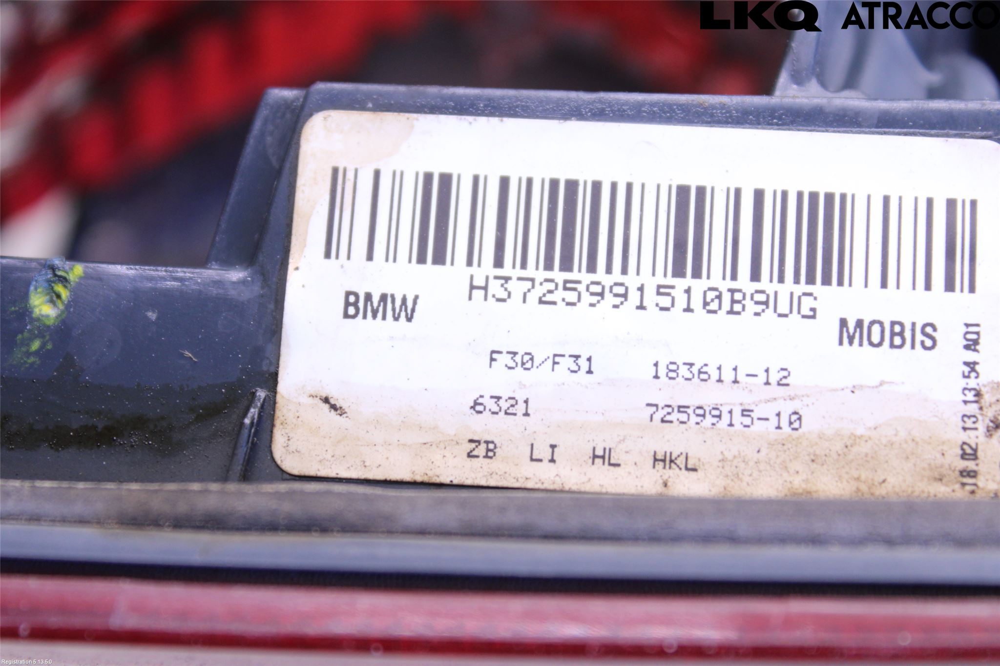 BMW 3 F30/F31/F80 12-19 Baklykt Venstre  På Luke(Indre