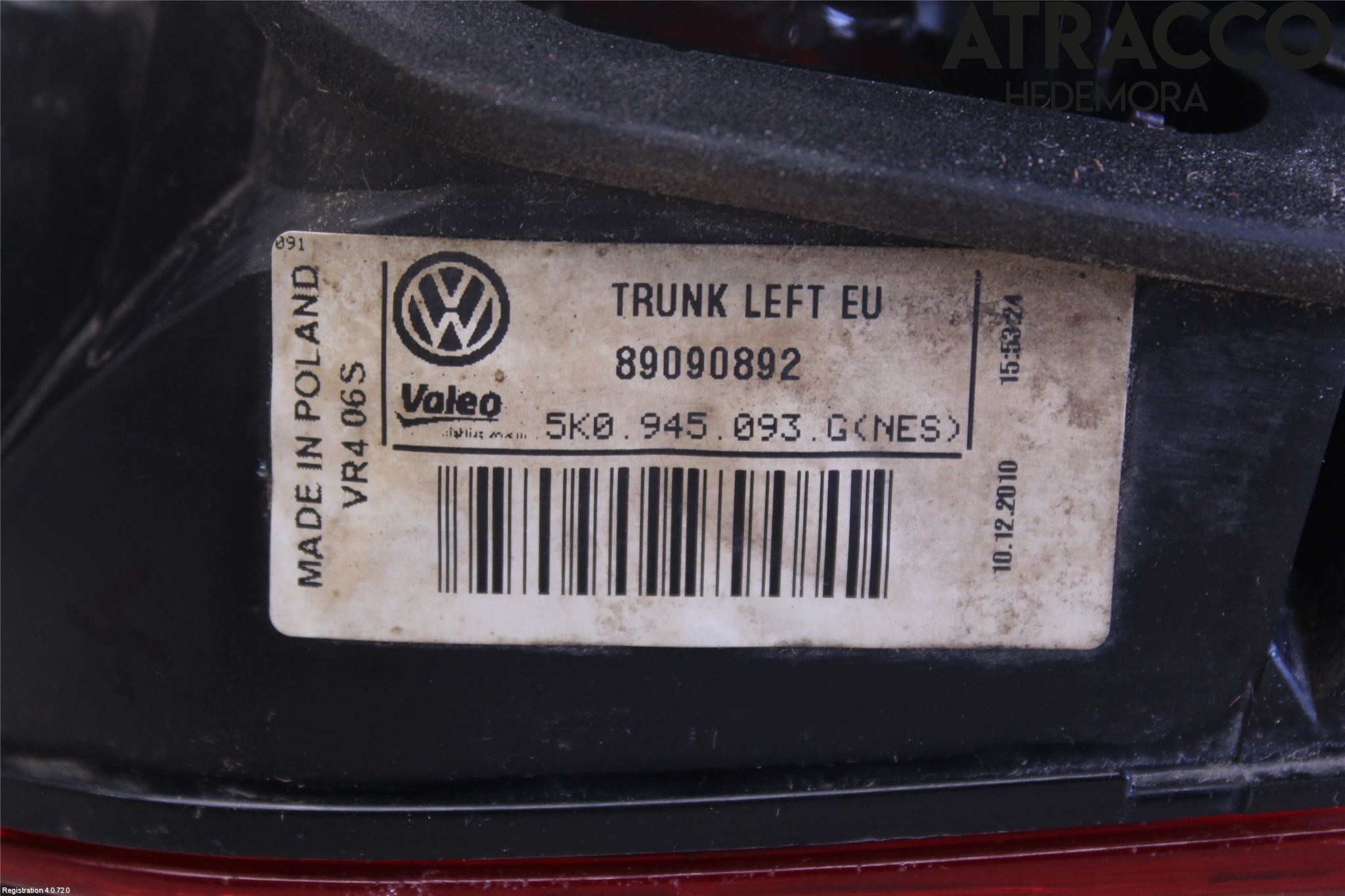 Volkswagen VW GOLF VI 09-13 Baklykt Venstre  På Luke(Indre