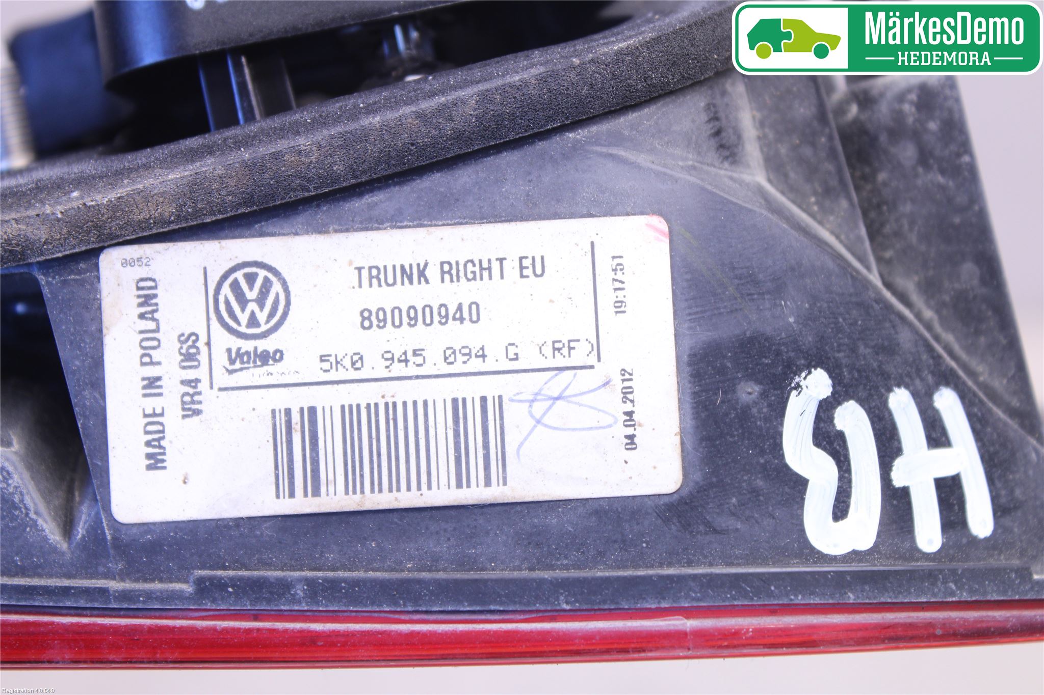 Volkswagen VW GOLF VI 09-13 Baklykt Høyre  På Luke(Indre)