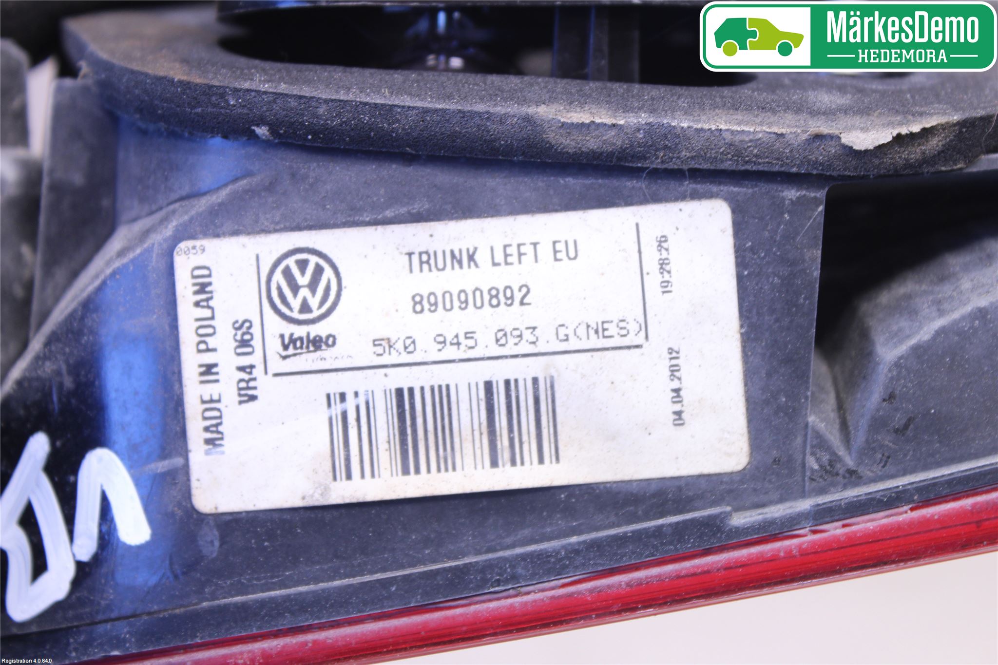 Volkswagen VW GOLF VI 09-13 Baklykt Venstre  På Luke(Indre