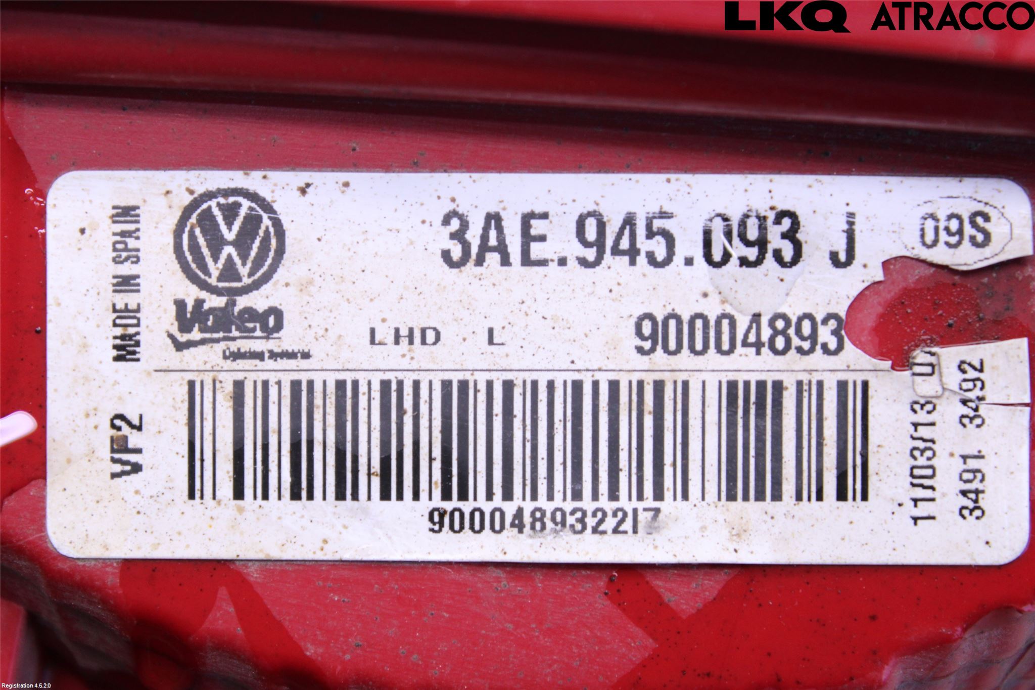 Volkswagen VW PASSAT 11-14 Baklykt Venstre  På Luke(Indre
