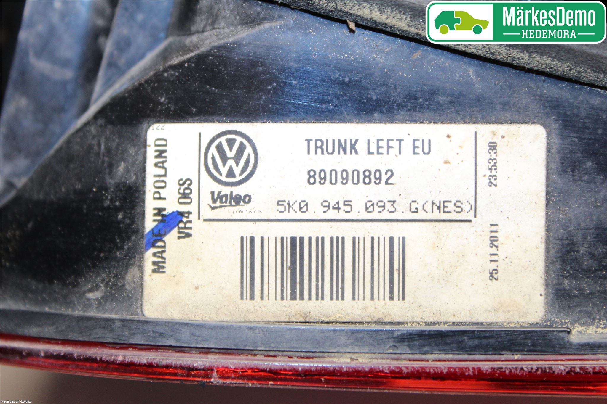 Volkswagen VW GOLF VI 09-13 Baklykt Venstre  På Luke(Indre
