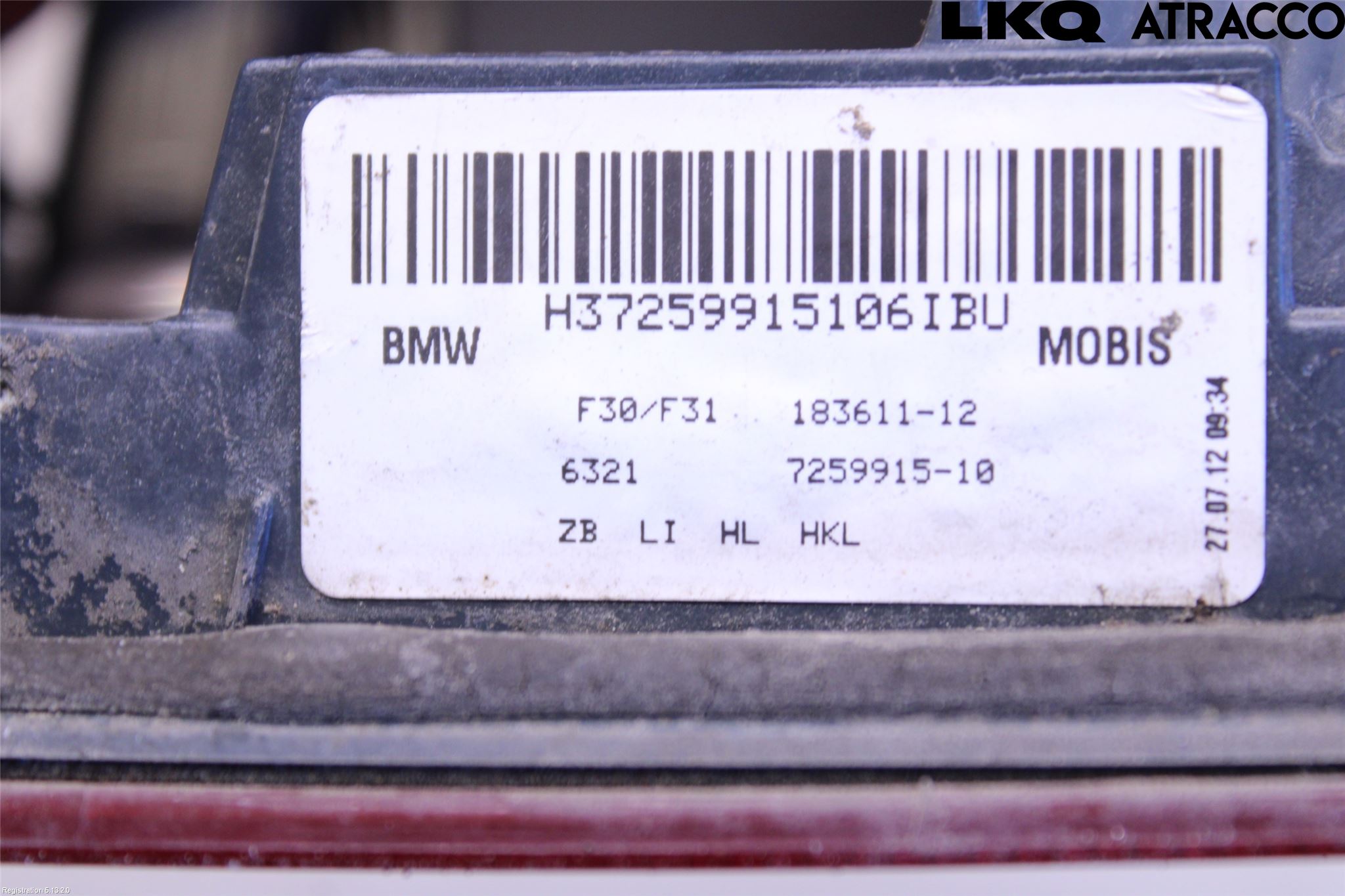 BMW 3 F30/F31/F80 12-19 Baklykt Venstre  På Luke(Indre