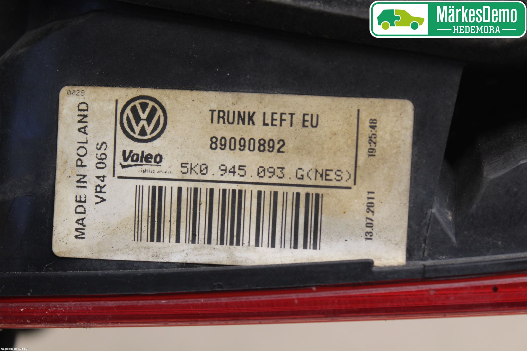 Volkswagen VW GOLF VI 09-13 Baklykt Venstre  På Luke(Indre