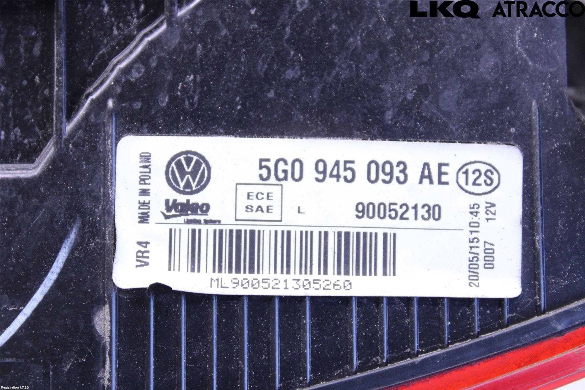 Volkswagen VW GOLF / E-GOLF VII 13-20 Baklykt Venstre På Luke(Indre