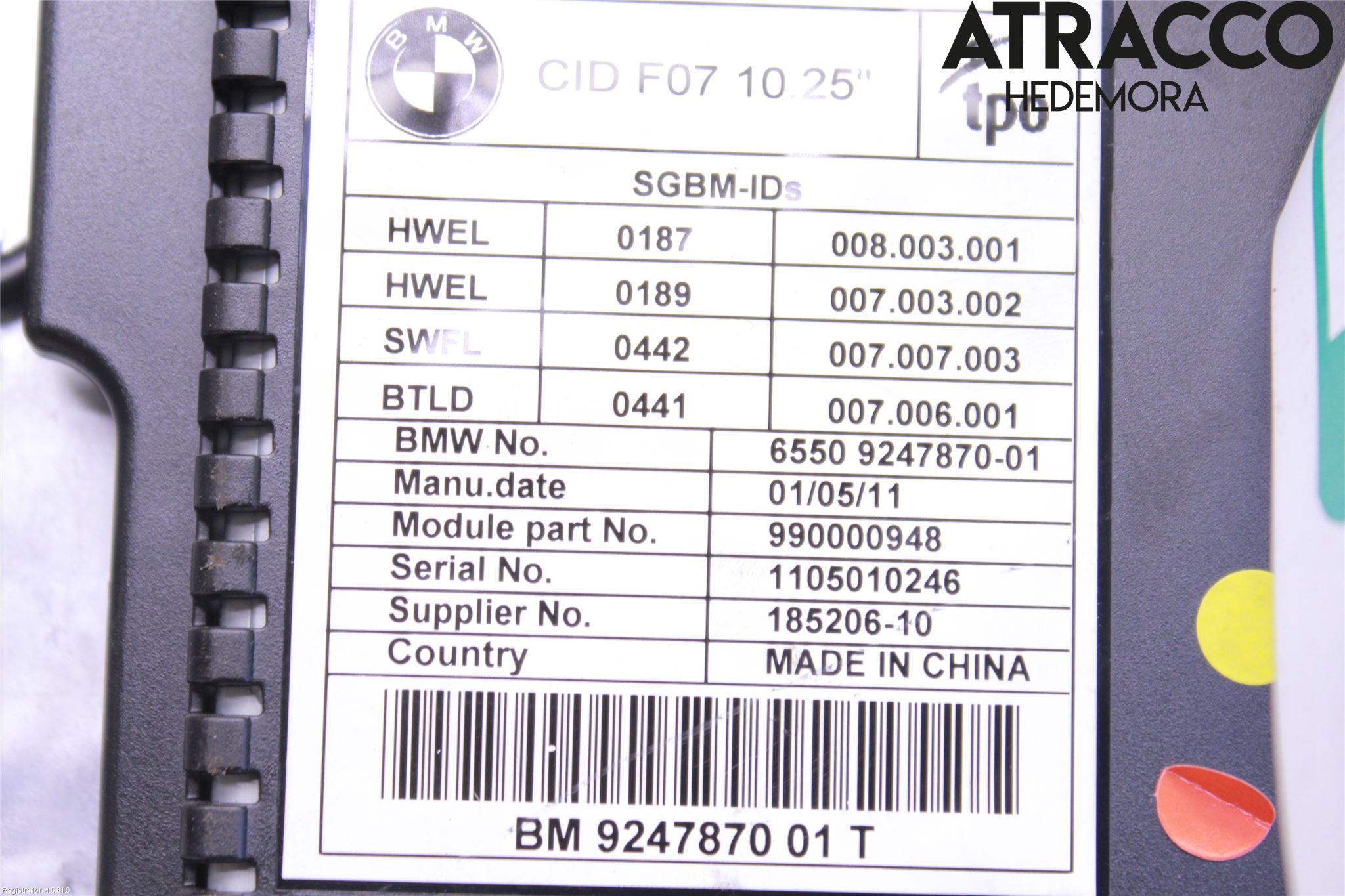 BMW 5 GT F07 09-17 Instr Skjerm Dvd-Gps-Ac-Tlf