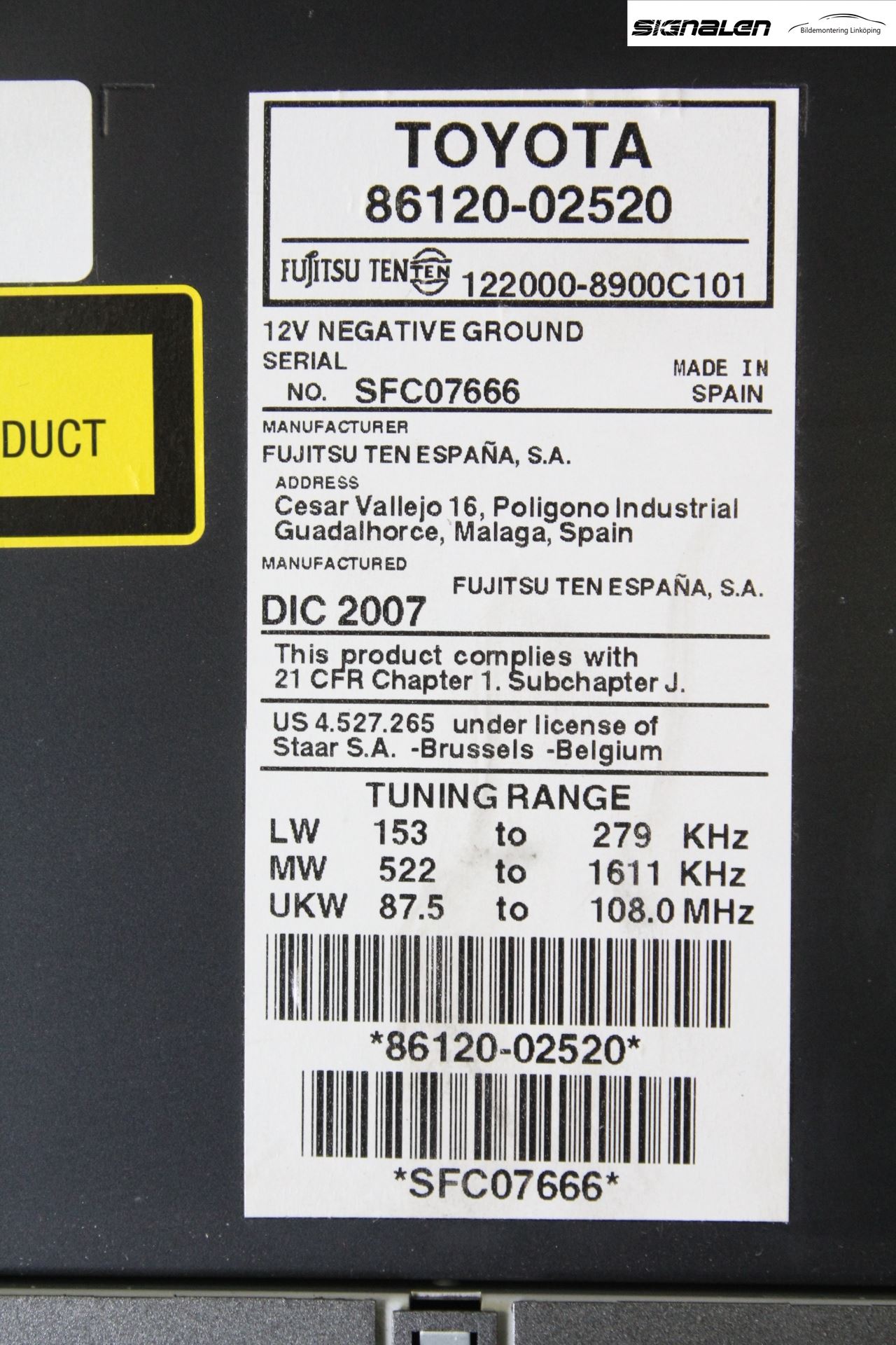 Toyota AURIS 07-09 Stereo Radio Med Cd