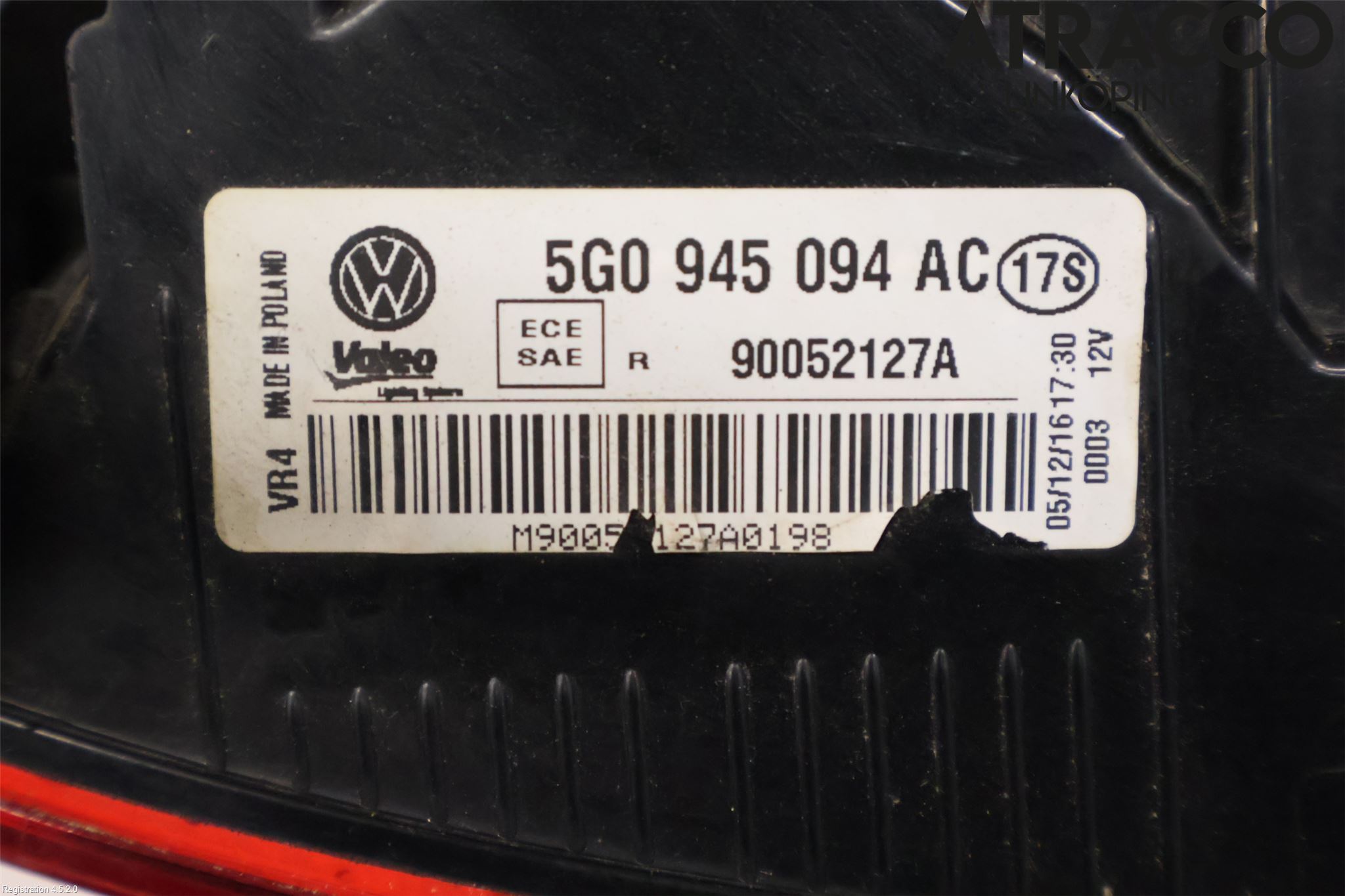 Volkswagen VW GOLF / E-GOLF VII 13-20 Baklykt Høyre  På Luke(Indre)