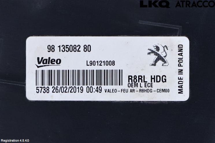 Peugeot 508 19- Baklykt Venstre  På Luke(Indre