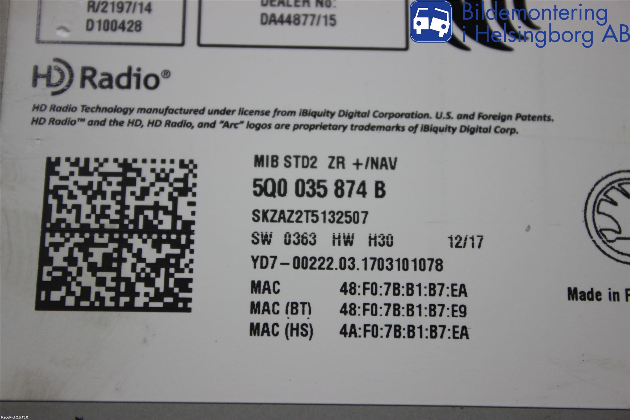 Skoda OCTAVIA (5E) 13-20 Stereo Radio