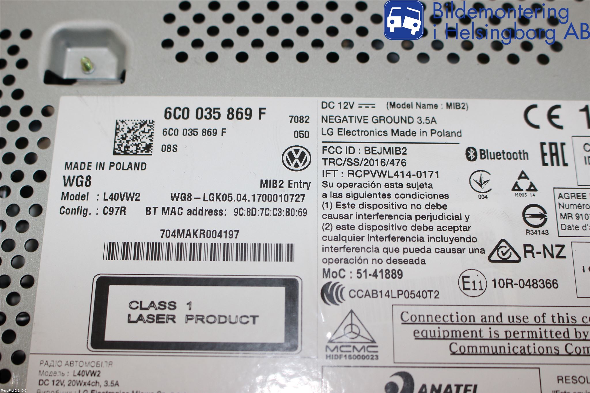 Volkswagen VW POLO 10-17 Stereo Radio Med Cd