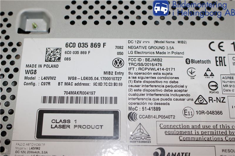 Volkswagen VW POLO 10-17 Stereo Radio Med Cd