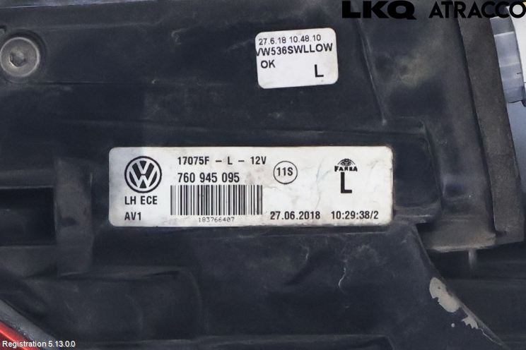 Volkswagen VW TOUAREG CR 18- Baklykt Venstre