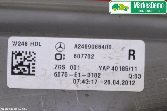 Mercedes-Benz MB B-KLASS (W246/W242) 12-19 Baklykt Høyre  På Luke(Indre)