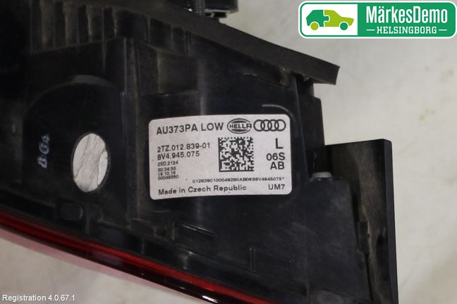 Audi A3/S3 8V 13-20 Baklykt Venstre  På Luke(Indre