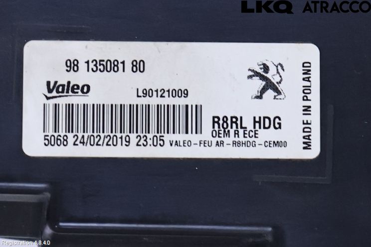 Peugeot 508 19- Baklykt Høyre  På Luke(Indre)
