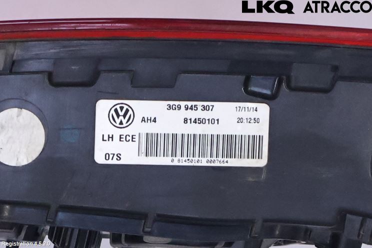 Volkswagen VW PASSAT 15-19 Baklykt Venstre  På Luke(Indre