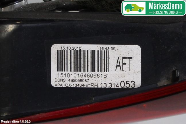 Opel ASTRA J 10-15 Baklykt Høyre  På Luke(Indre)