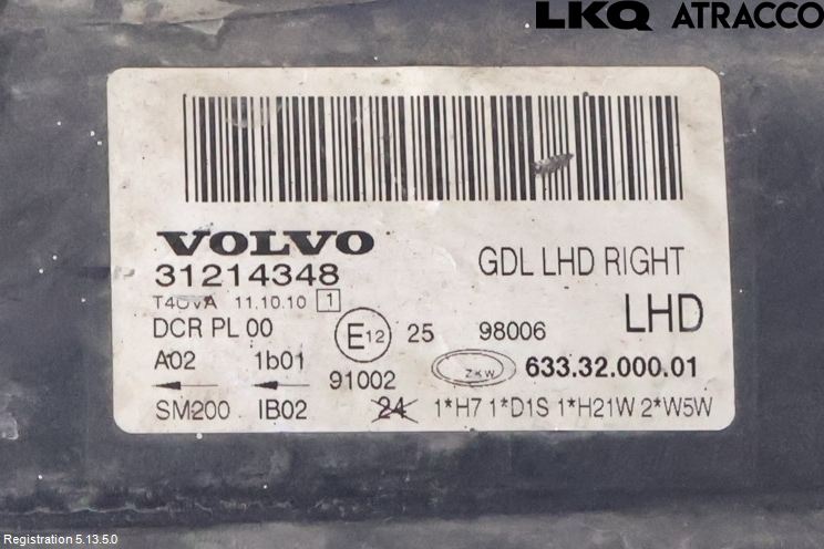 Volvo V70 08-13 Frontlykt Høyre