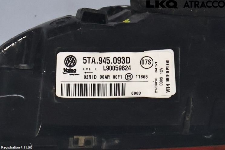 Volkswagen VW TOURAN 16- Baklykt Venstre  På Luke(Indre