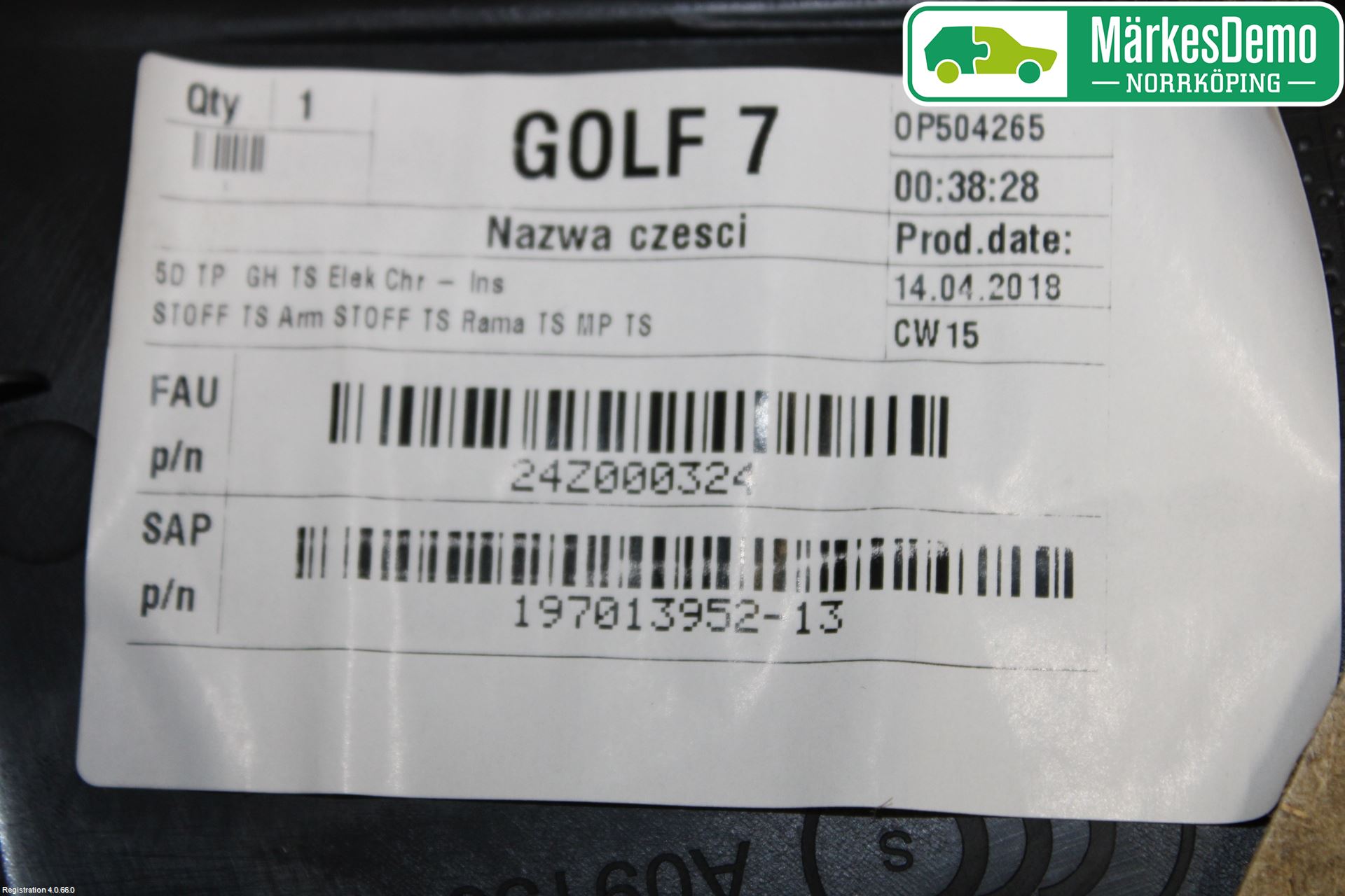 Volkswagen VW GOLF / E-GOLF VII 13-20 Innr Dørtrekk Høyre