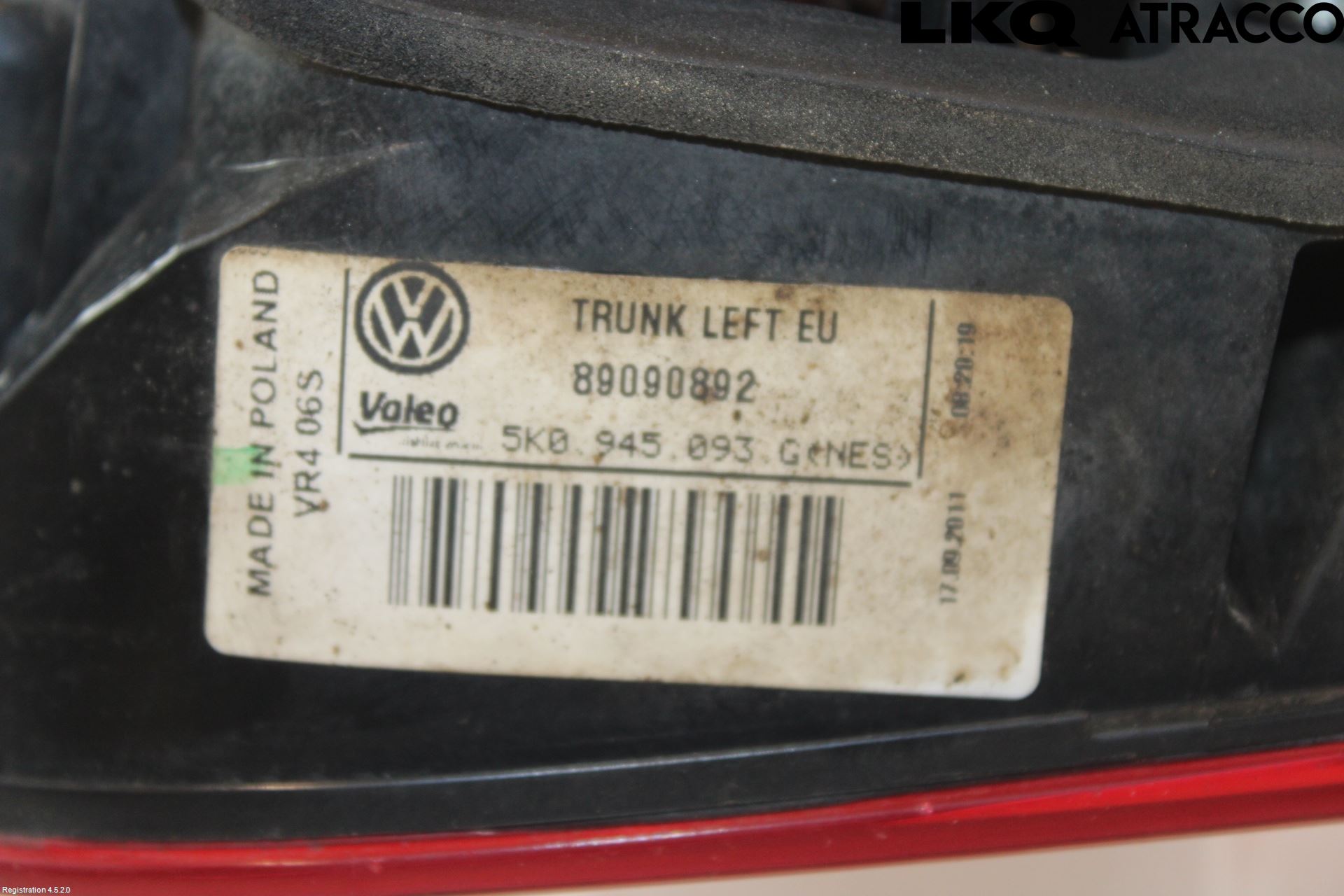 Volkswagen VW GOLF VI 09-13 Baklykt Venstre  På Luke(Indre