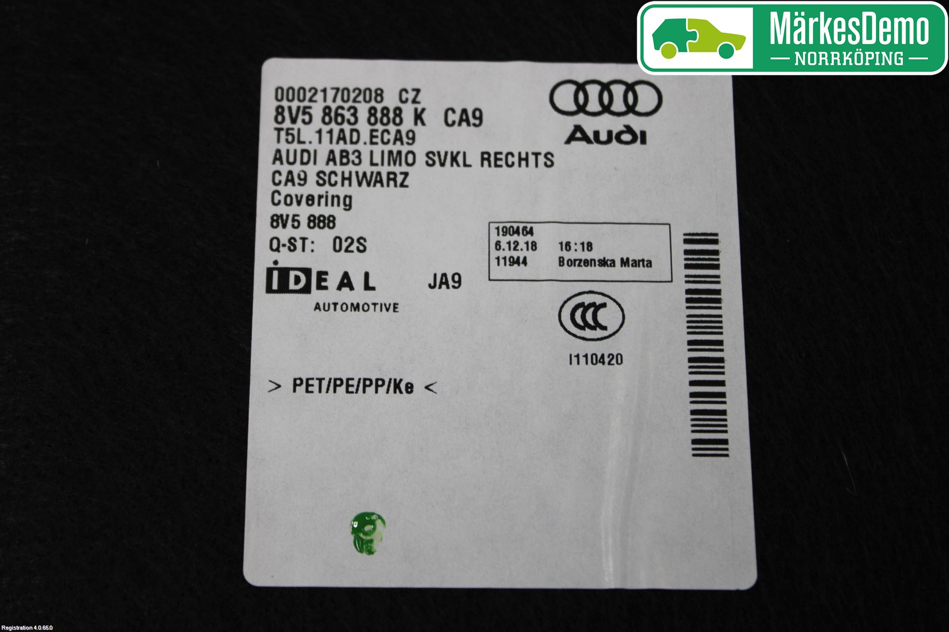 Audi A3/S3 8V 13-20 Innr Sidetrekk-Deksel