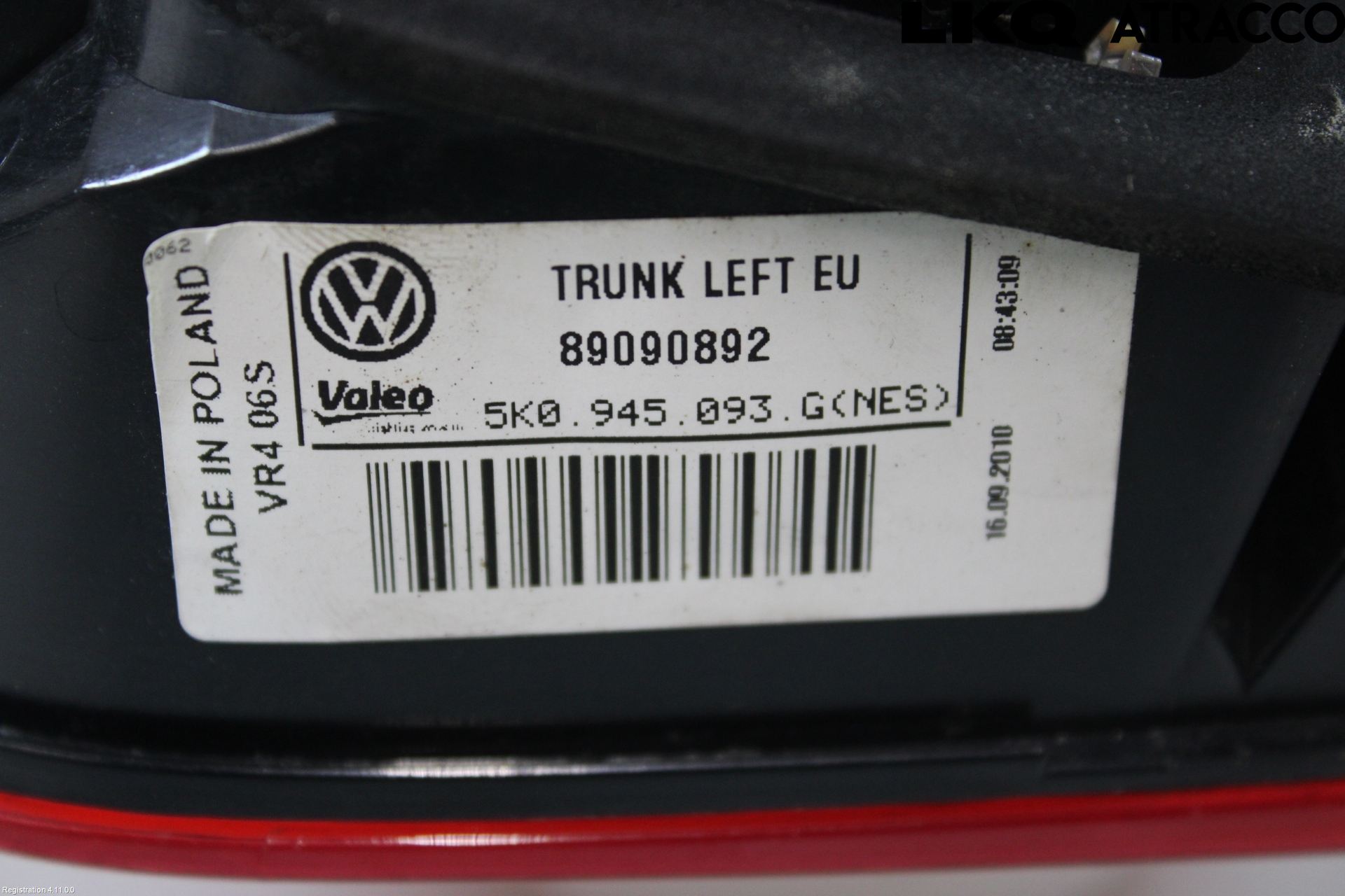 Volkswagen VW GOLF VI 09-13 Baklykt Venstre  På Luke(Indre