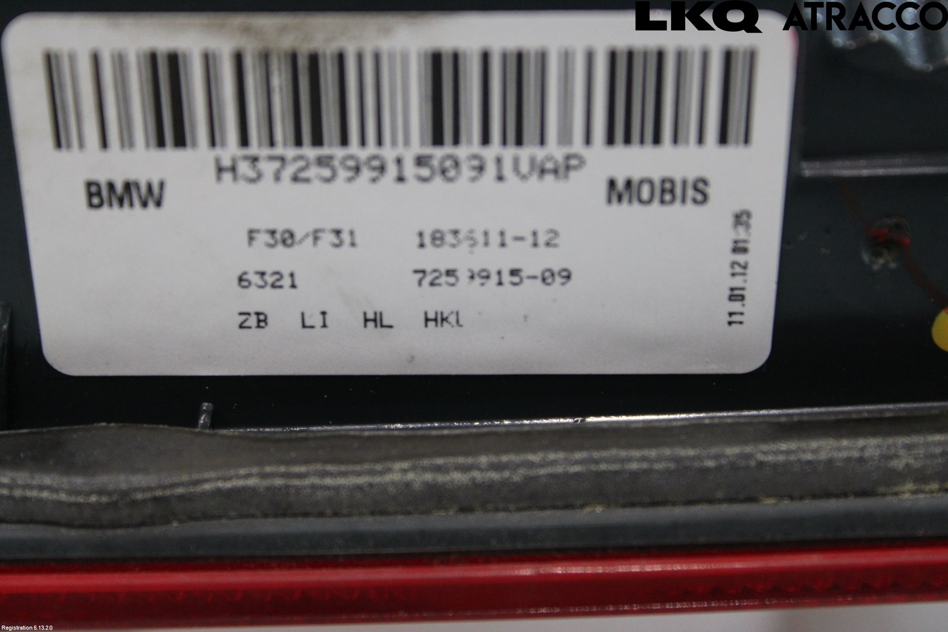 BMW 3 F30/F31/F80 12-19 Baklykt Venstre  På Luke(Indre