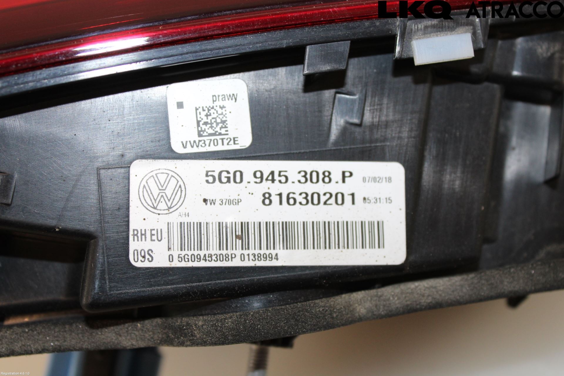 Volkswagen VW GOLF / E-GOLF VII 13-20 Baklykt Høyre  På Luke(Indre)