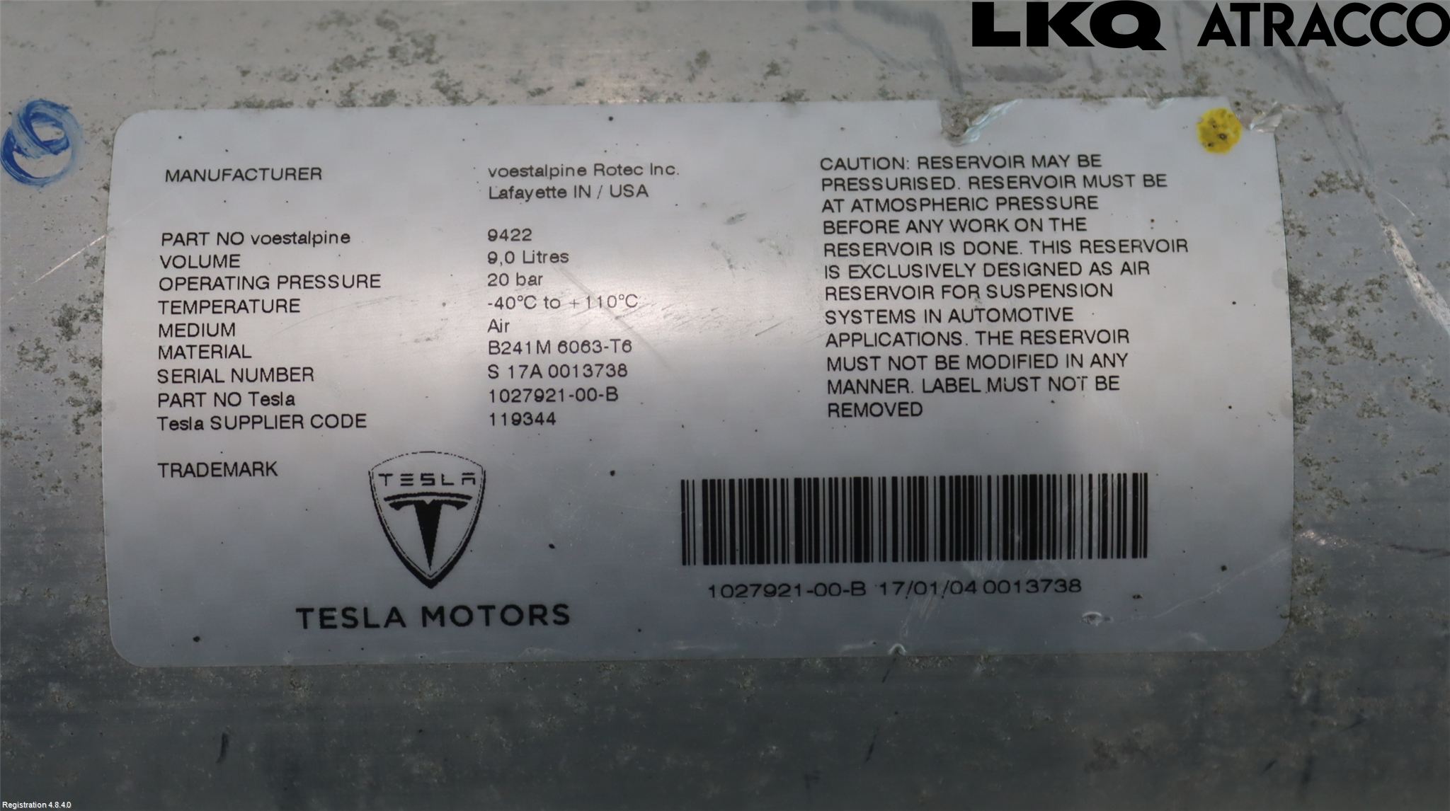 Tesla MODEL X 16- Nivå/Lufrfrändring Trycktank