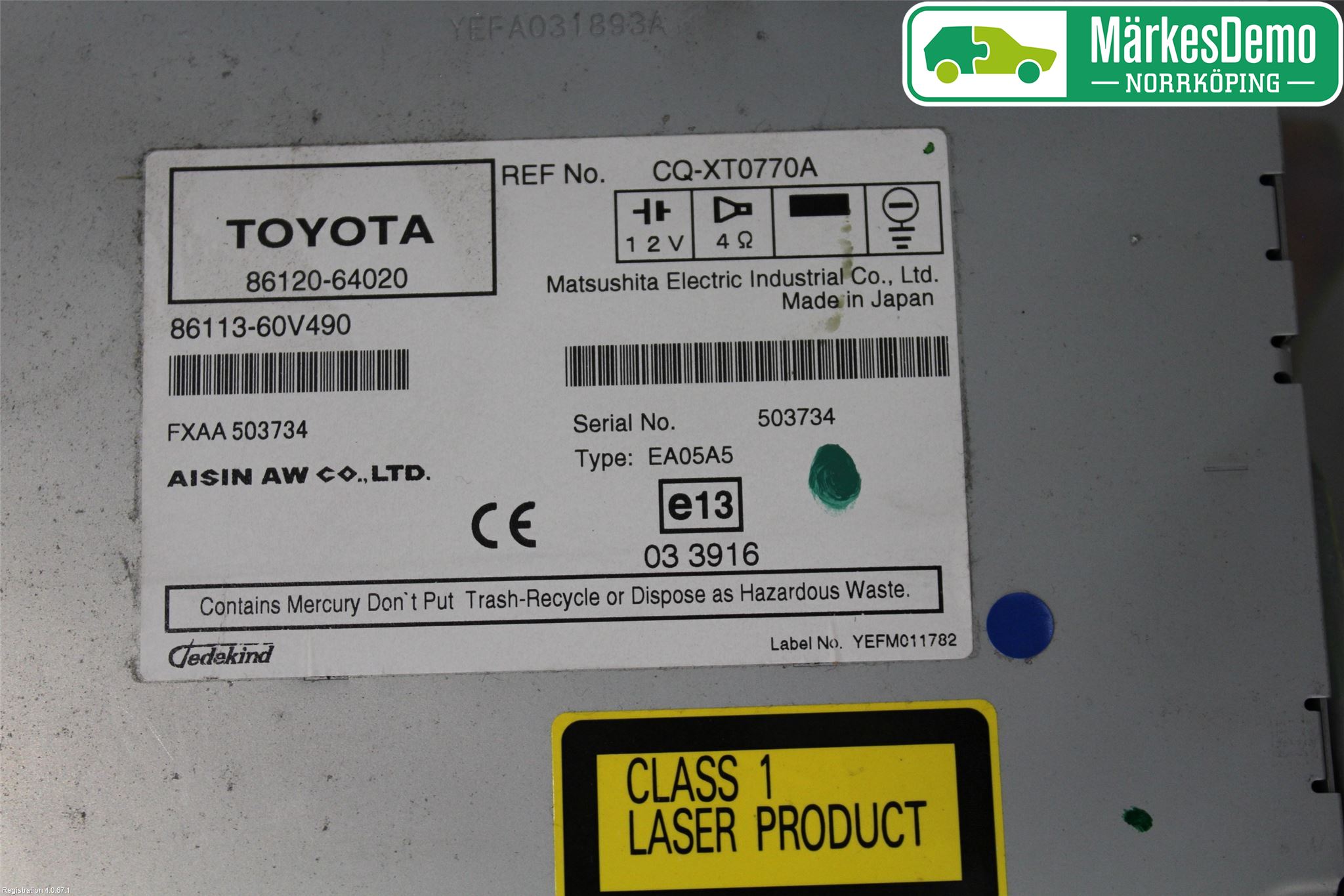 Toyota COROLLA VERSO 08-09 Stereo Radio Med Cd