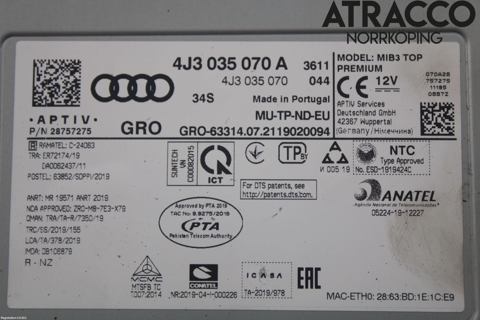 Audi E-TRON GT FW 21- Stereo Radio Med Cd
