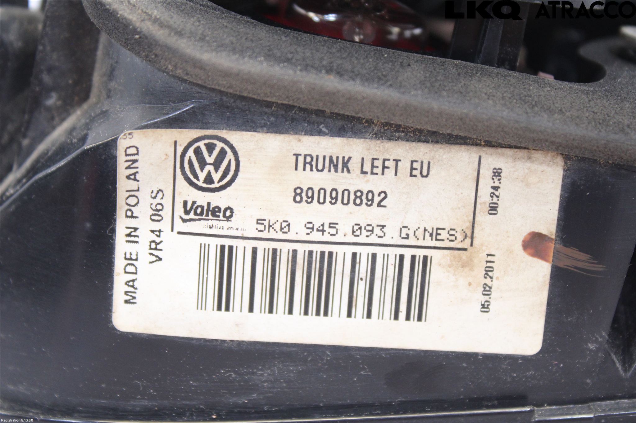 Volkswagen VW GOLF VI 09-13 Baklykt Venstre  På Luke(Indre