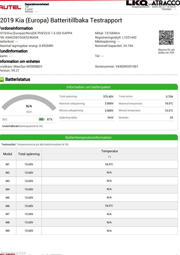 Kia NIRO (DE) 17-22 Hybrid Batteri