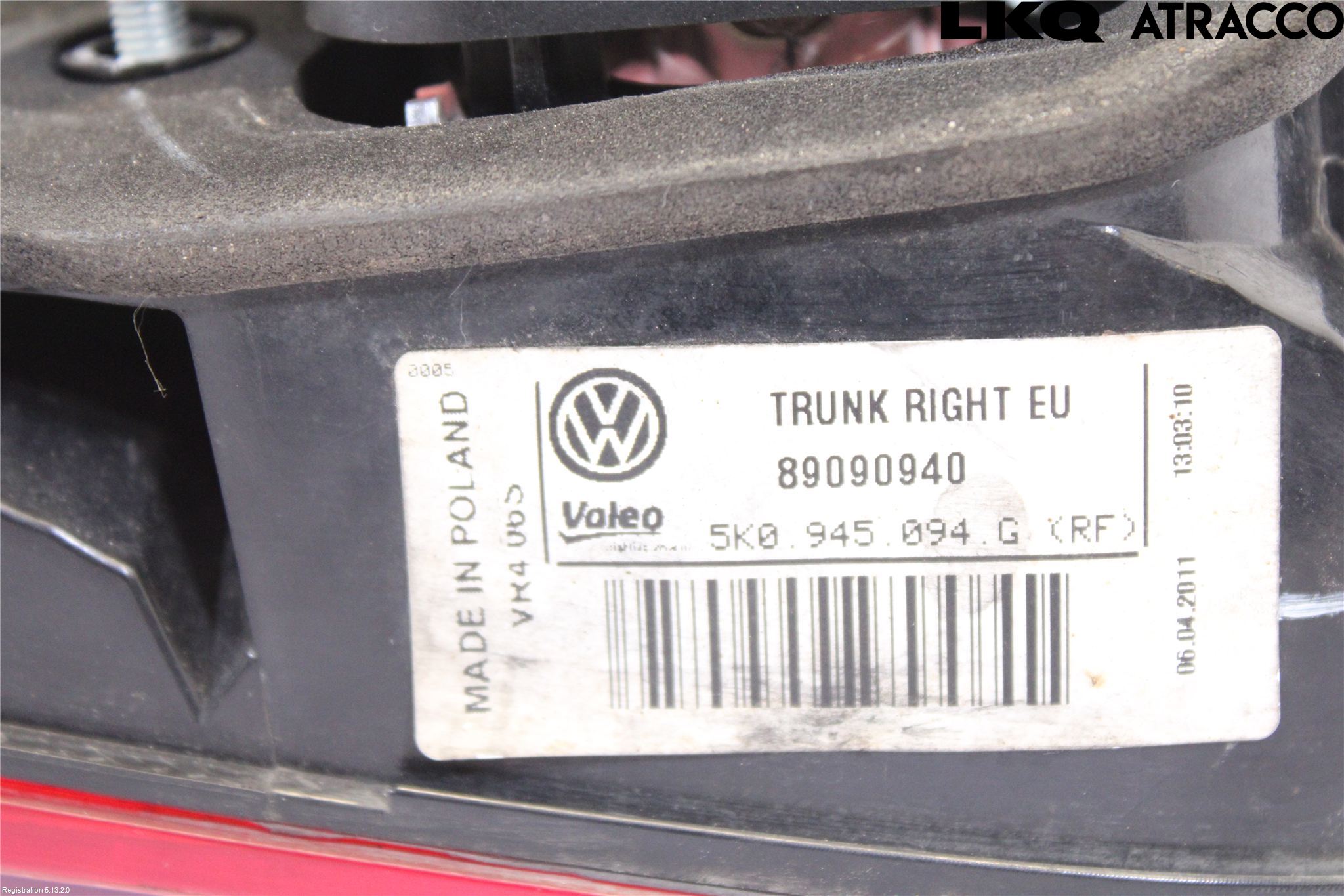 Volkswagen VW GOLF VI 09-13 Baklykt Venstre  På Luke(Indre