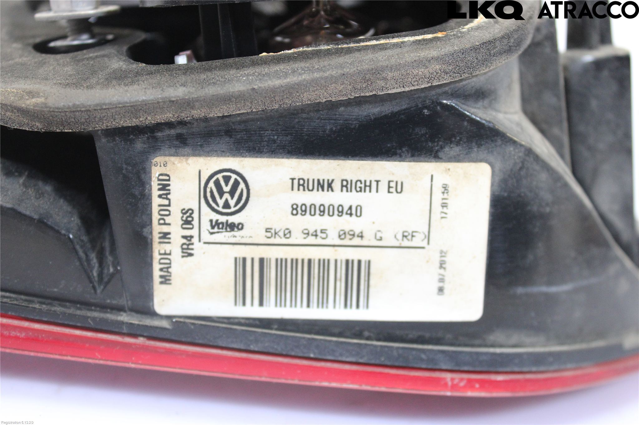 Volkswagen VW GOLF VI 09-13 Baklykt Høyre  På Luke(Indre)