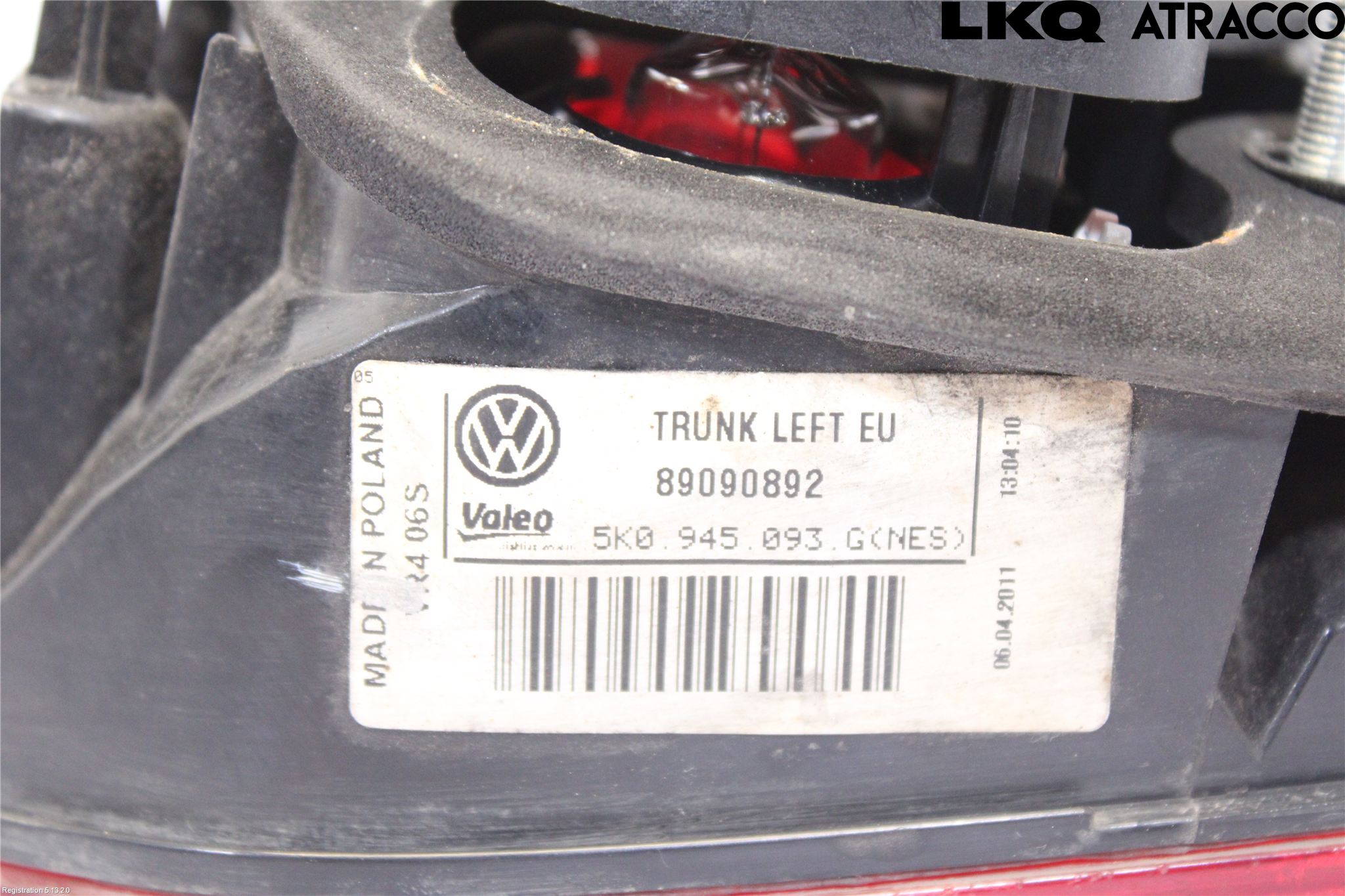 Volkswagen VW GOLF VI 09-13 Baklykt Venstre  På Luke(Indre