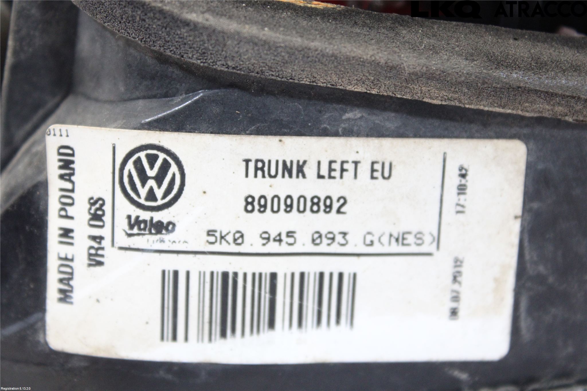 Volkswagen VW GOLF VI 09-13 Baklykt Venstre  På Luke(Indre