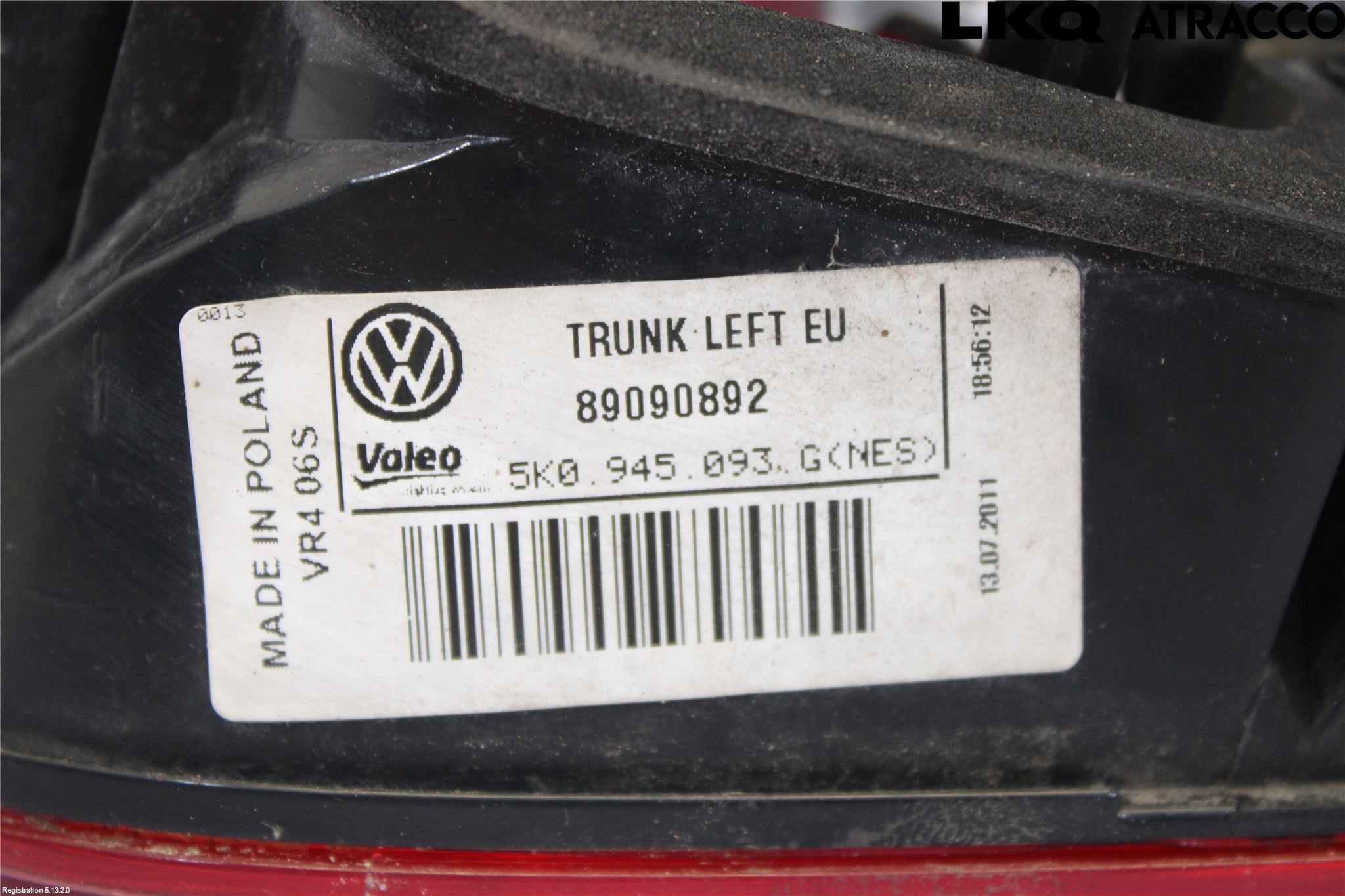 Volkswagen VW GOLF VI 09-13 Baklykt Venstre  På Luke(Indre