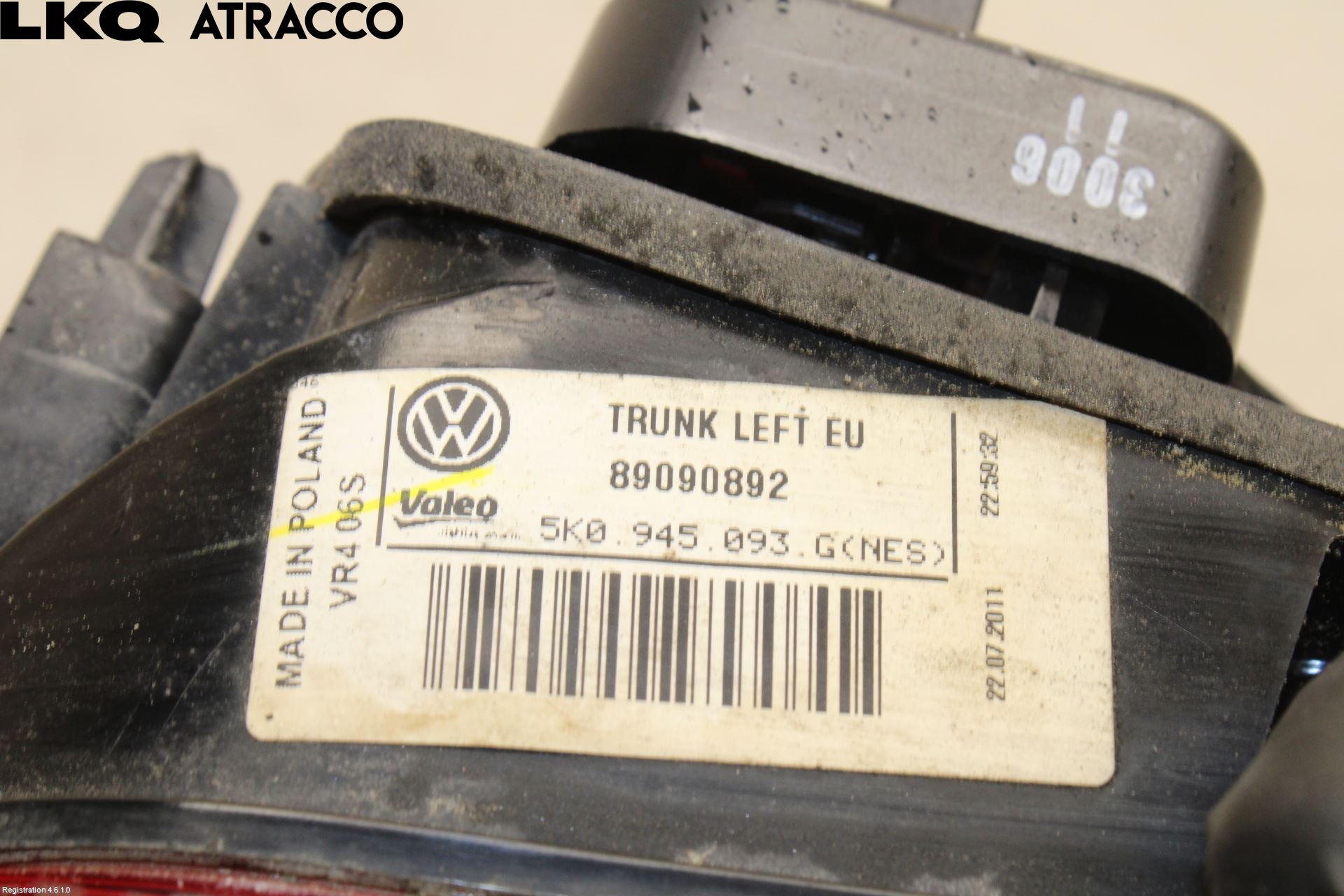 Volkswagen VW GOLF VI 09-13 Baklykt Venstre  På Luke(Indre