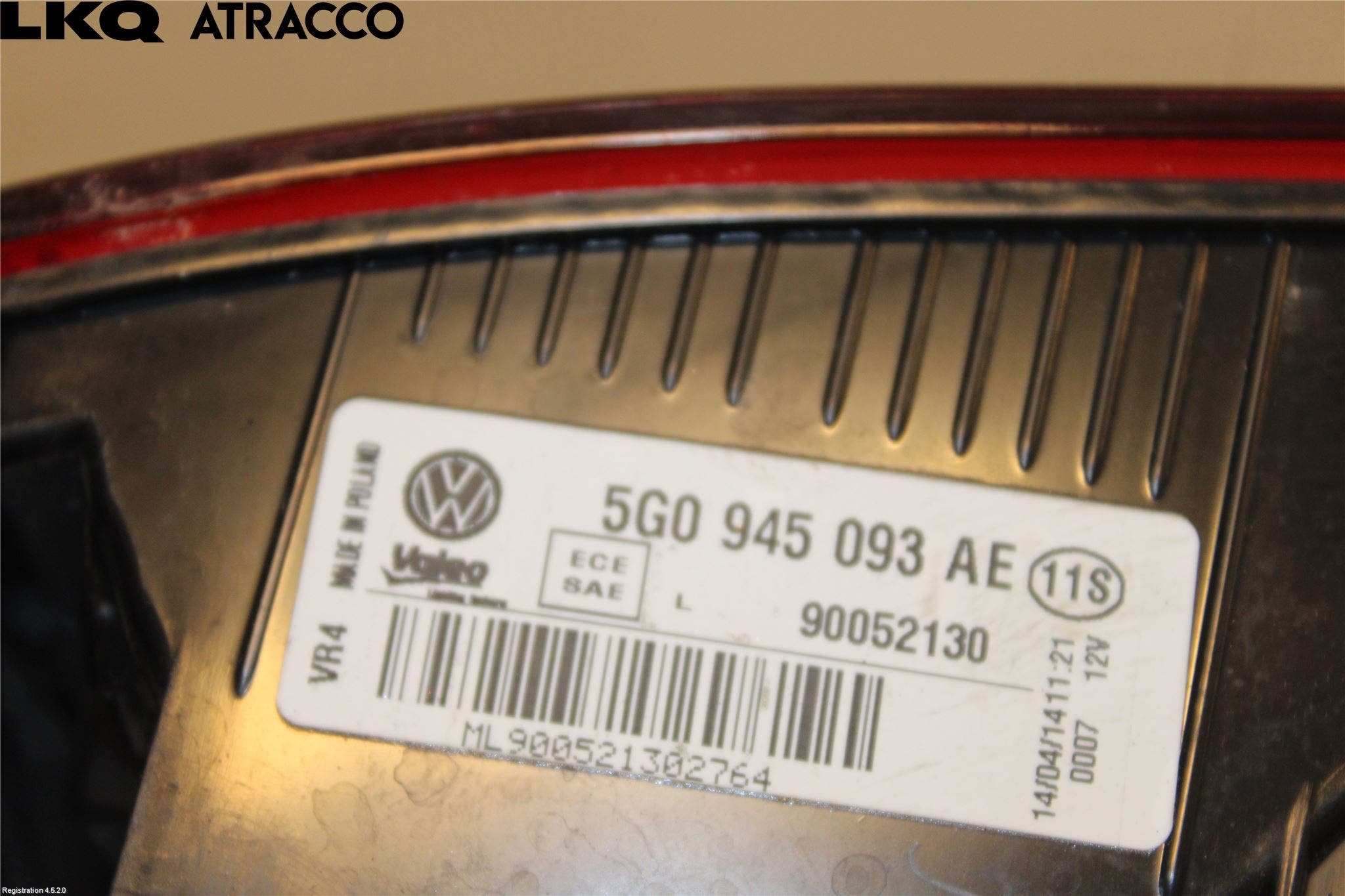 Volkswagen VW GOLF / E-GOLF VII 13-20 Baklykt Venstre På Luke(Indre